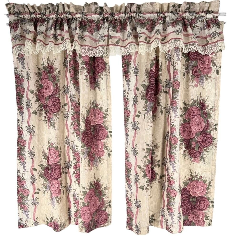 Vintage Cottagecore Curtains Floral Rose Ribbon Pattern 3 Piece Set 80s